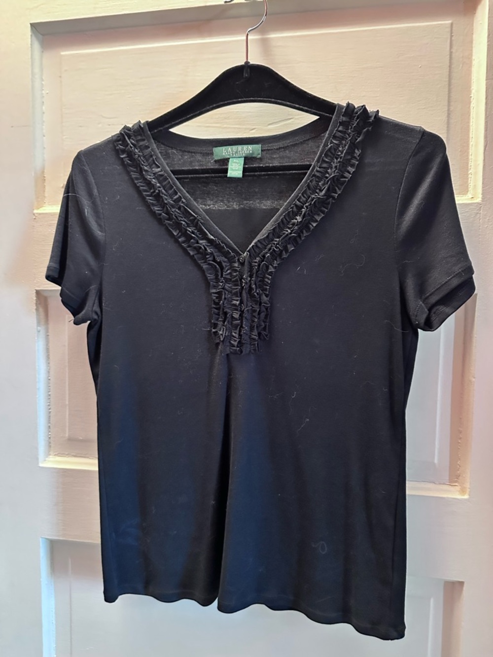 Ralph Lauren Black Short-Sleeve V-Neck Tee with Ruffle Trim
